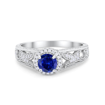 Vintage Style Halo Wedding Ring Simulated Blue Sapphire CZ 925 Sterling Silver